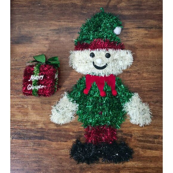 Other - Retro Christmas Door Wall Hanging Decor Tinsel 15” ELF & GIFT BOX Set